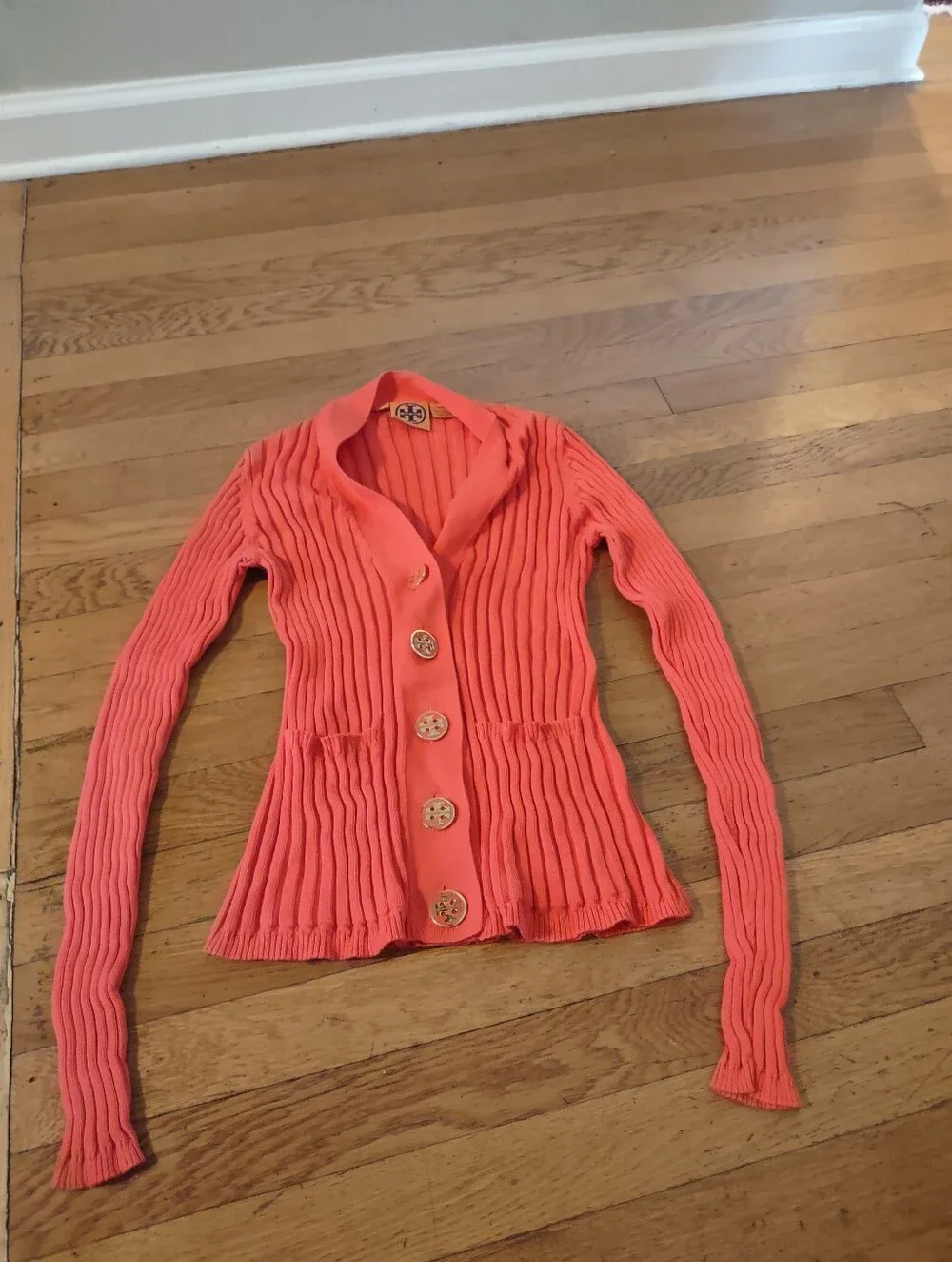 Tory Burch coral orange ribbed cardigan with logo buttons size XS 100% cotton